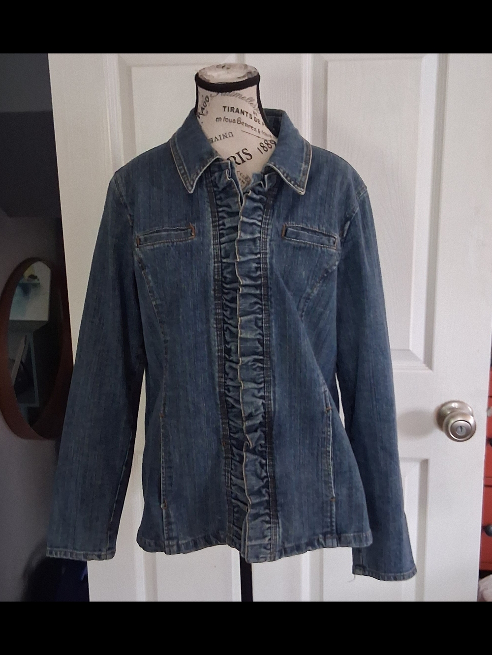 RBX Womens Ruffle Denim Jean Jacket Cheetah Interior XL
